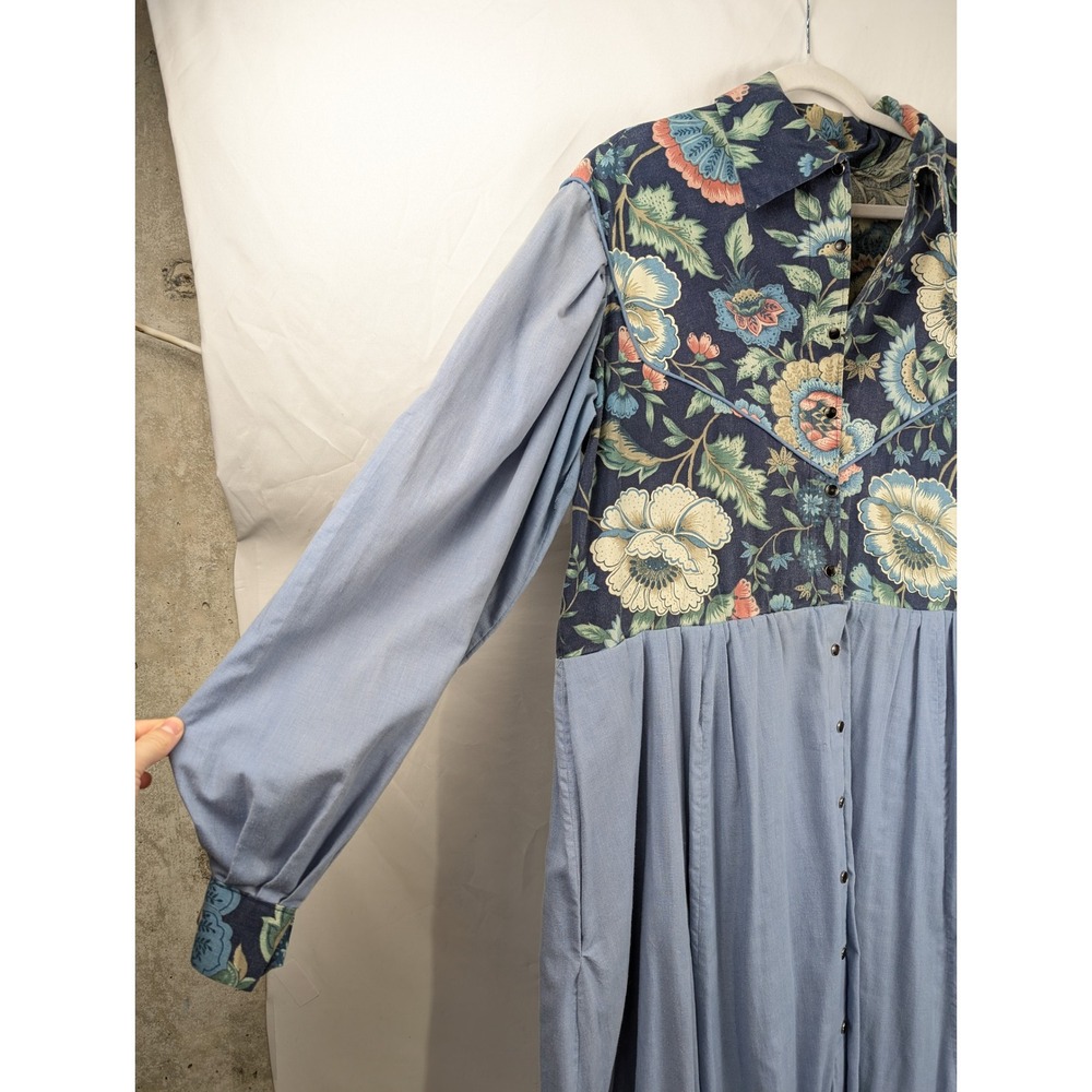 Vintage Handmade Floral Prairie Maxi Dress Size XL Pearl Snap Western Chambray - Picture 3 of 12